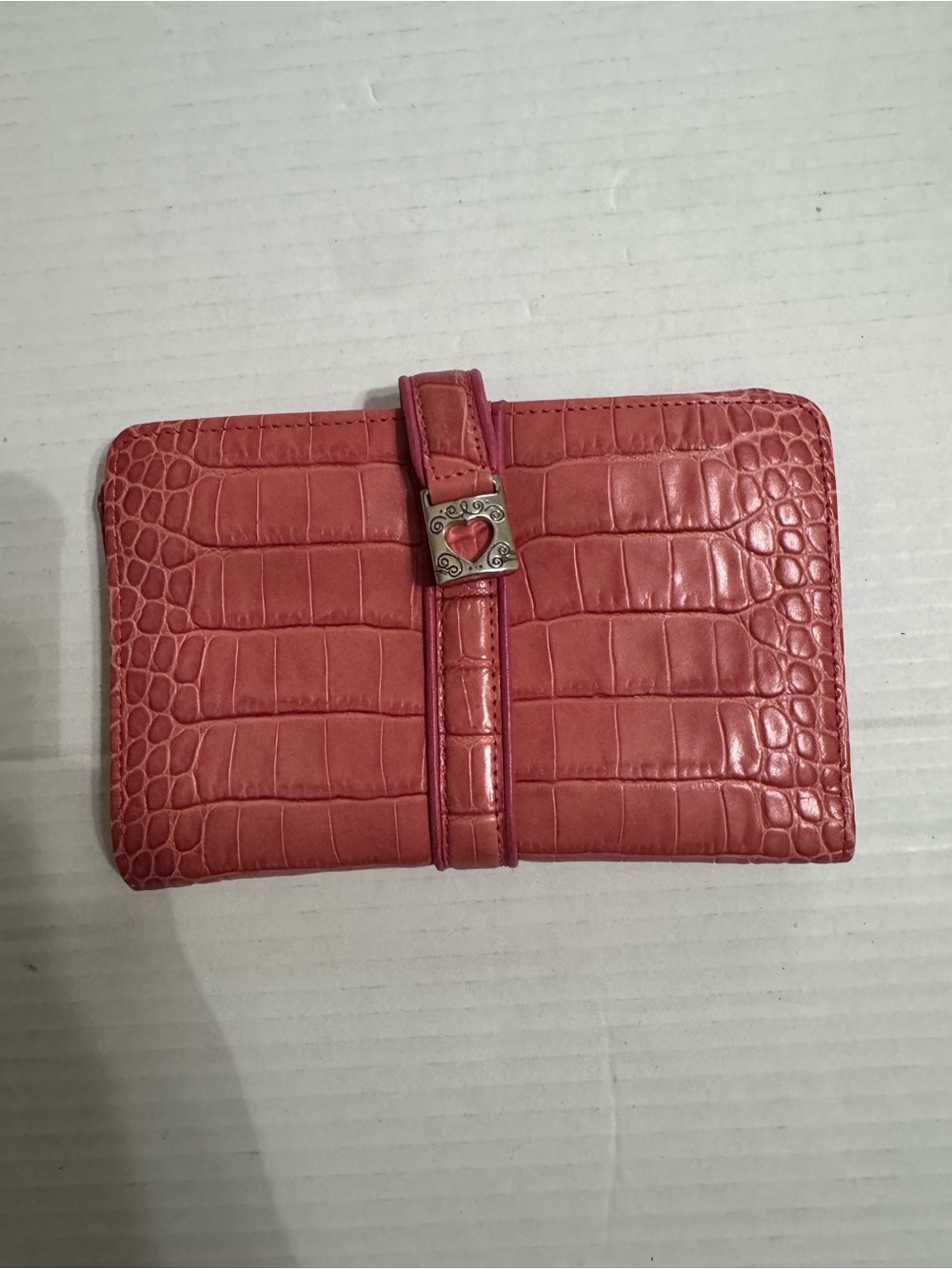 Brighton Coral Pink Croc-Embossed Leather Wallet with Heart Buckle